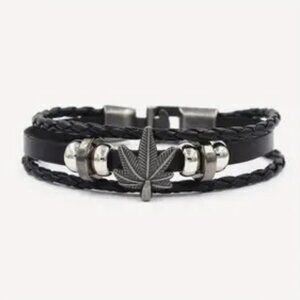 Canibis Leaf Leather Cuff Bracelet Wrist Rock Edgy Mary Jane Pot Metal Beads